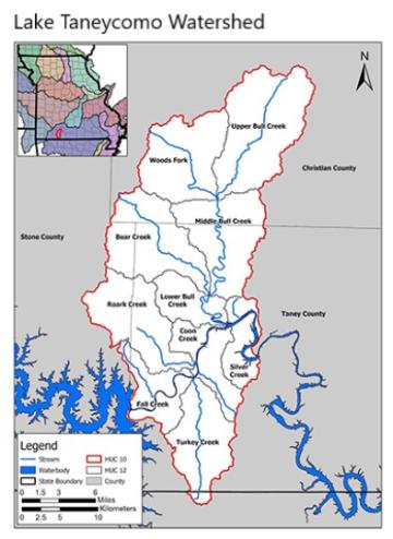 Map of the Lake Taneycomo Watershed, showing the HUC 10 boundaries