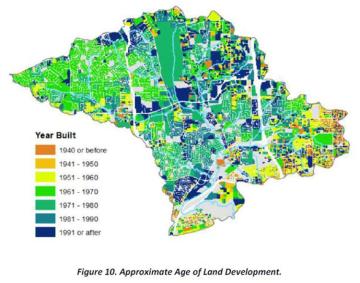 Map of the approximate age of land development within the Grand Glaize Creek Subwatershed.