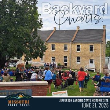 People in lawn chairs and standing, listening to band play near 2-story brick building. “Backyard Concerts!” and “Jefferson Landing SHS, June 21”.