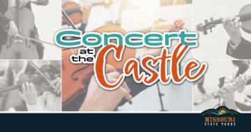 Graphic with 5 pictures of people playing instruments, such as cello, violins and flute with the words “Concert at the Castle”