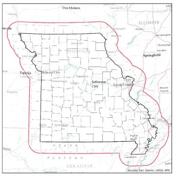 A map of Missouri displaying a red line around Missouri showing the 30-mile border around the state. 