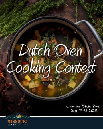 Graphic for a Dutch Oven Cooking Contest at Crowder State Park, Missouri, Sept. 19-21, 2025, featuring a Dutch oven filled with food.