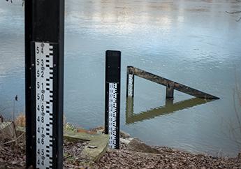 Water level staff gauge used for measuring the depth of water in rivers, lakes, reservoirs, or navigation channels