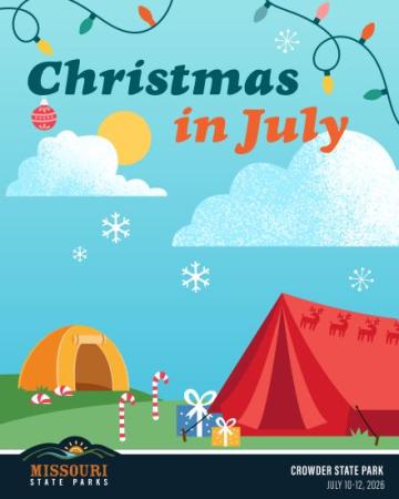 Tents, candy canes, gifts, and Christmas lights with text Christmas in July