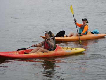 Two people on kayaks paddling in the water.