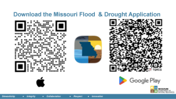 QR codes for Apple and Google Play to download the Missouri Flood & Drought Application