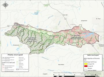Map of the Lake St. Louis and Peruque Creek Watershed, outlining critical areas for tiered-prioritization for BMP implementation