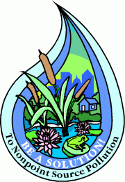 Drawing of a plants and a frog on a lilypad in a pond in front of a house and cityscape wrapped inside a double water drop.  The words Be a Solution to Nonpoint Source Pollution are arched inside the raindrop.