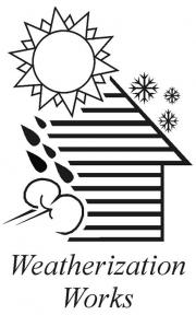 Weatherization Works logo with a drawing of a house, wind gust, raindrops, sun and snowflakes.