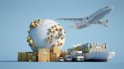 Airplane, ship, trucks, stack of boxes, earth globe with packages on the continents