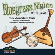 Graphic for Stockton Bluegrass Nights with multiple instruments shown.
