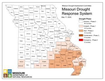 Missouri map with county lines and different colors to indicate the intensity of any drought conditions as of May 17, 2024